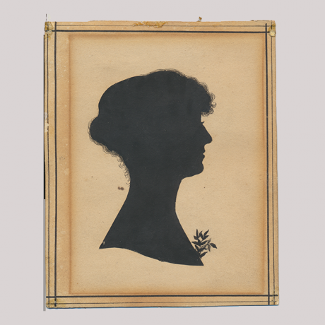 
        Front of silhouette, with woman looking right, in painted square frame.